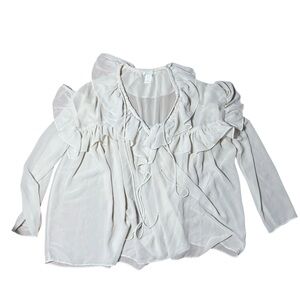 H&M Women Ivory Sheer Ruffle Blouse Long Sleeve Tie Neck Size XS